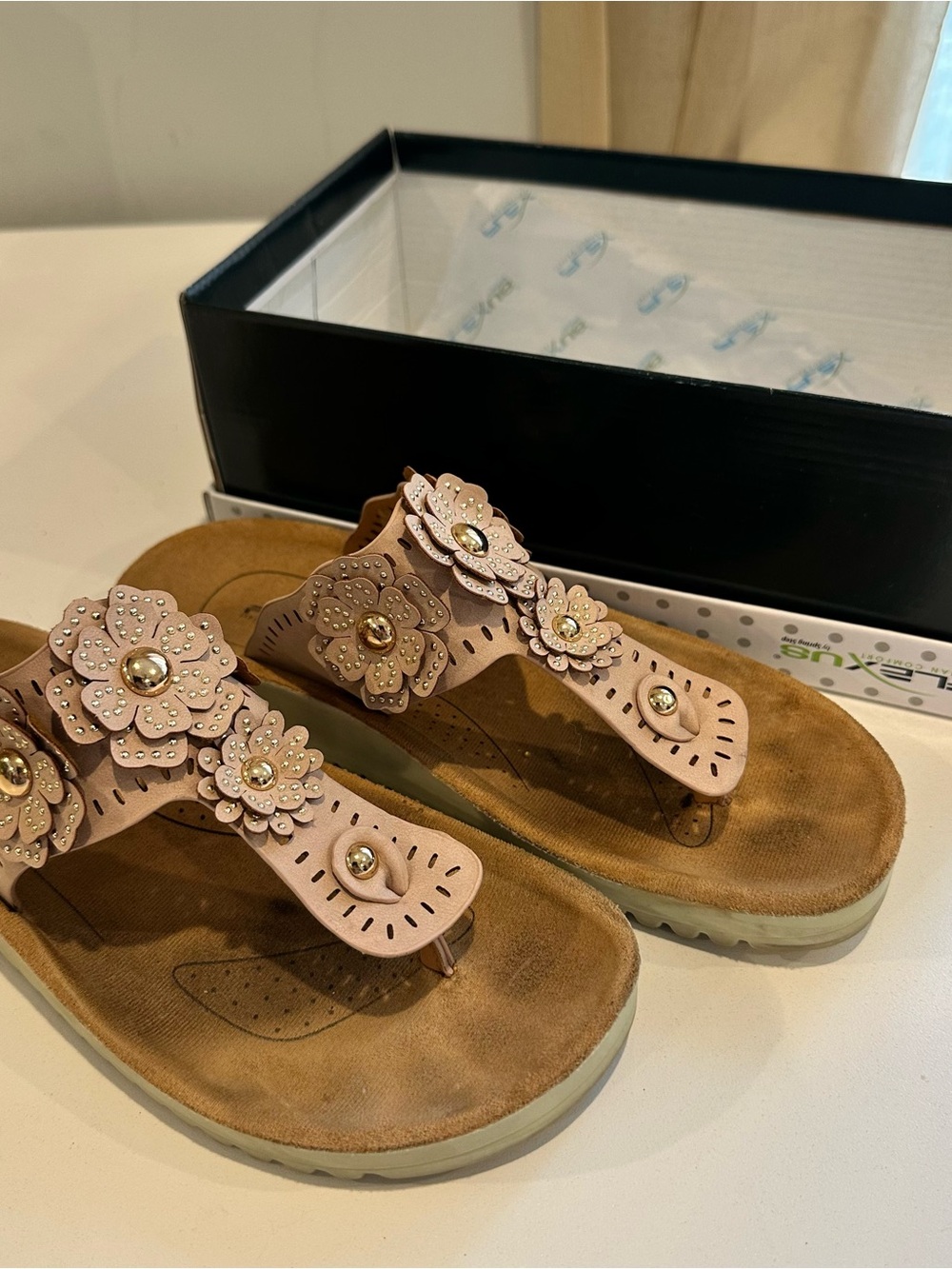 Women’s Pink Floral Toe-Post Sandals with Embellished Accents